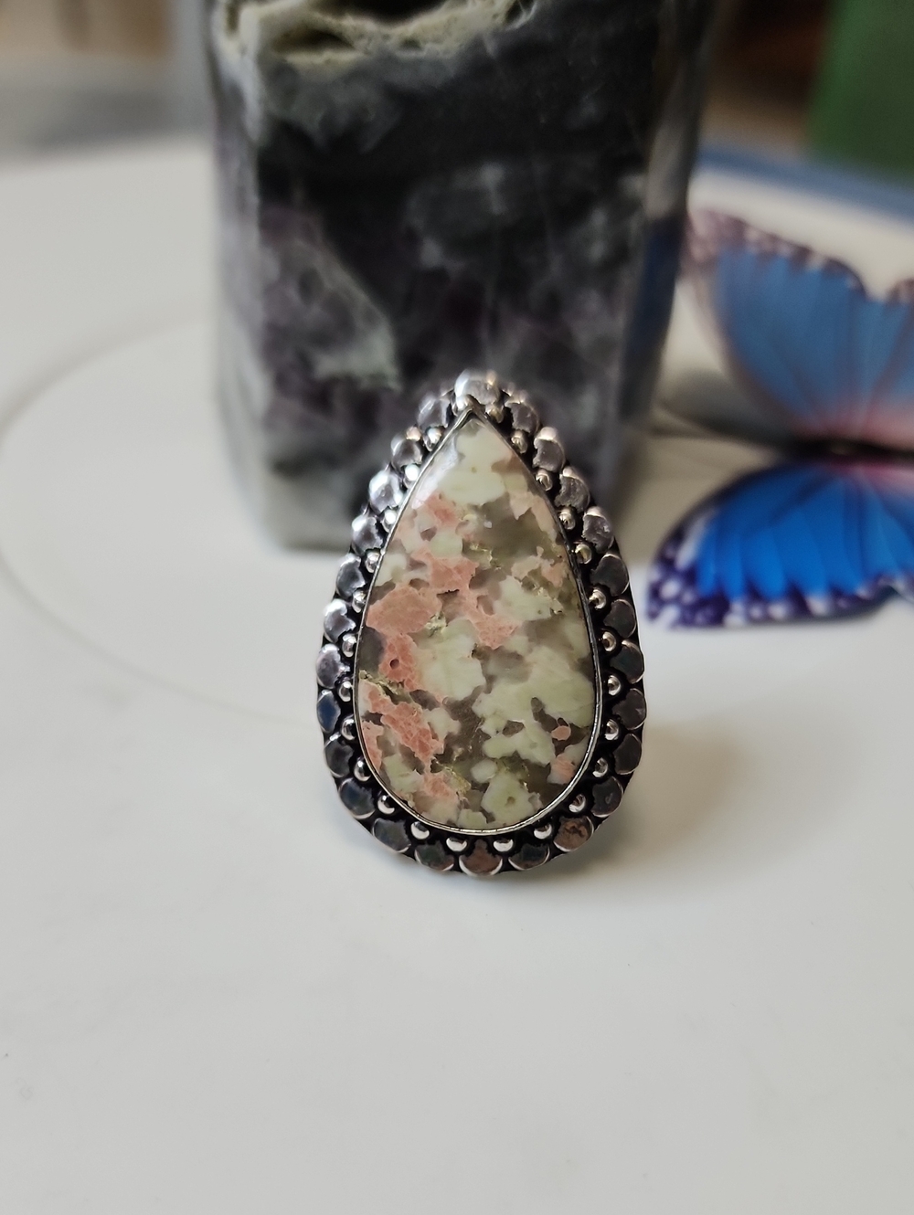 Teardrop Green-Pink Stone Statement Ring - Women Jewelry